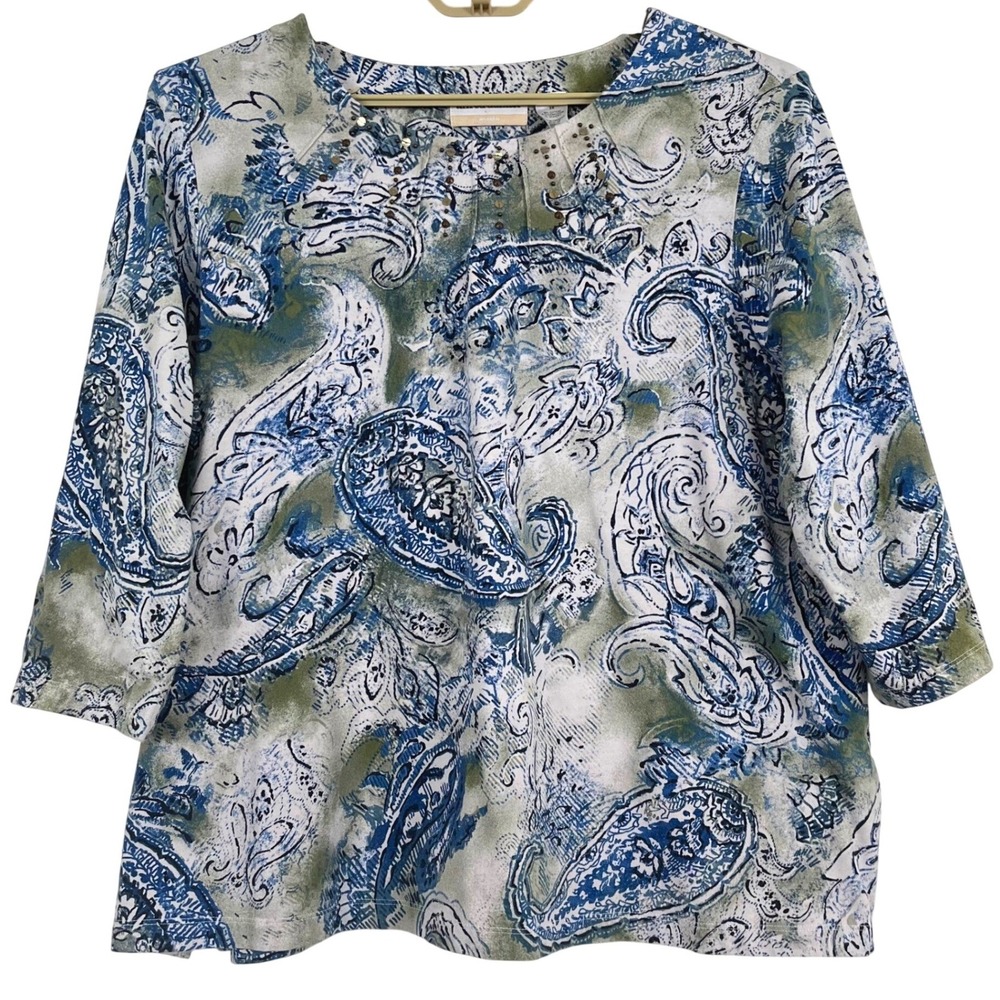 Alfred Dunner Women Top 2X Blue Paisley Embellished Beaded 3/4 Sleeve Blouse